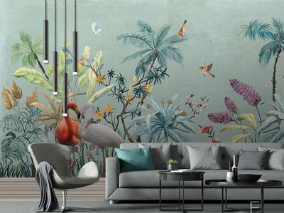 中世紀手繪熱帶雨林花鳥背景墻壁畫
